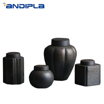 

Japanese Style Black Zen Tea Caddy Ceramic Coarse Pottery Tea Cans Home Sealed Storage Jars Kung Fu Tea Box Accessories Canister