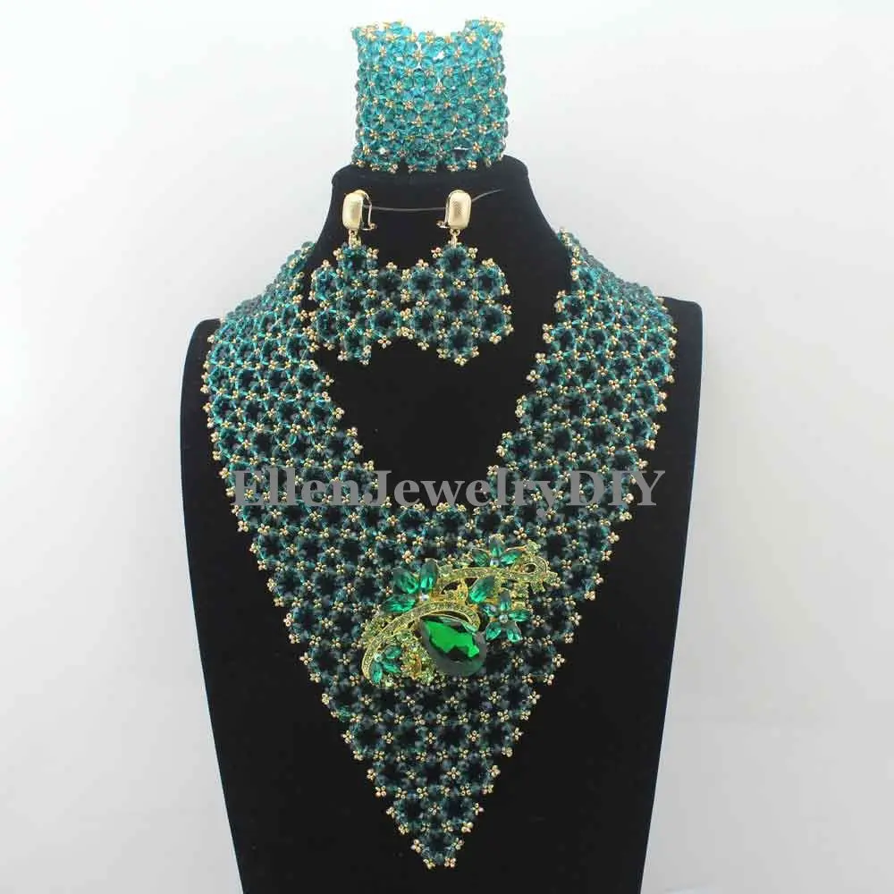 

Fashion Chocolate Peacock Green Indian Bridal Women Jewelry Set Statement Chunky Necklace Set for Wedding Free shipping W13302