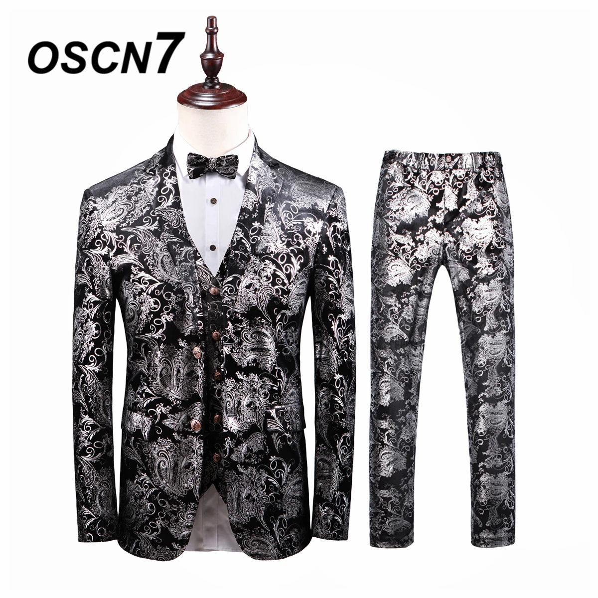 OSCN7 Leisure Slim Fit Gold Print 3 Piece Suits Men 2019 Groom Wedding