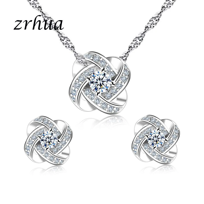 ZRHUA Original 925 Sterling Silver Jewelry Sets Personalized Pendant Necklace Earrings Set for Women Female CZ Christmas Gift