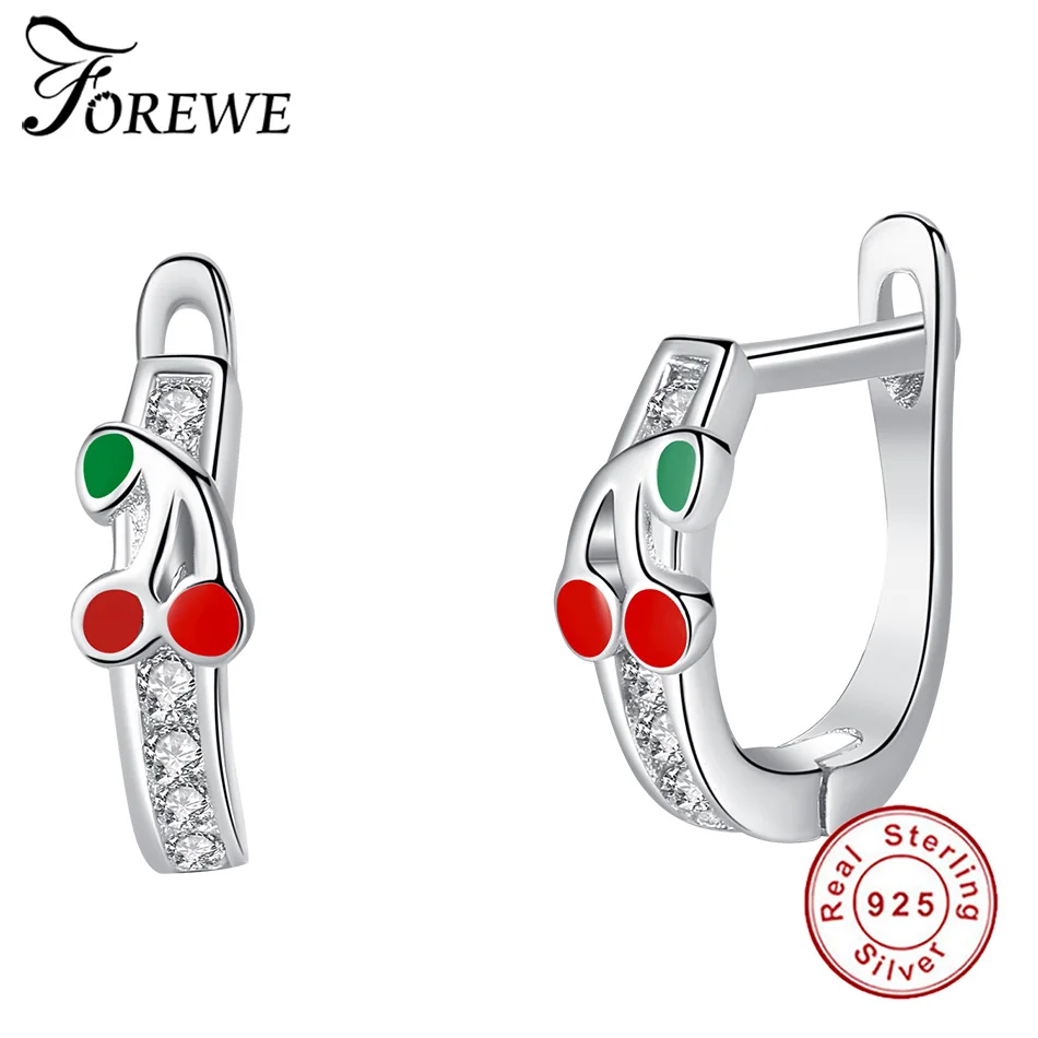 

FOREWE Real 925 Sterling Silver Cute Cherry Earrings For Girls Children Kids Jewelry Red and Green Enamel Stud Earrings Gifts