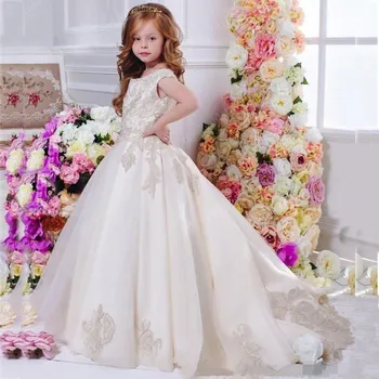 

New Ball Gown Flower Girl Dresses For Wedding Appliques Zipper Formal Communion Gowns For Girls Vestidos De Daminha