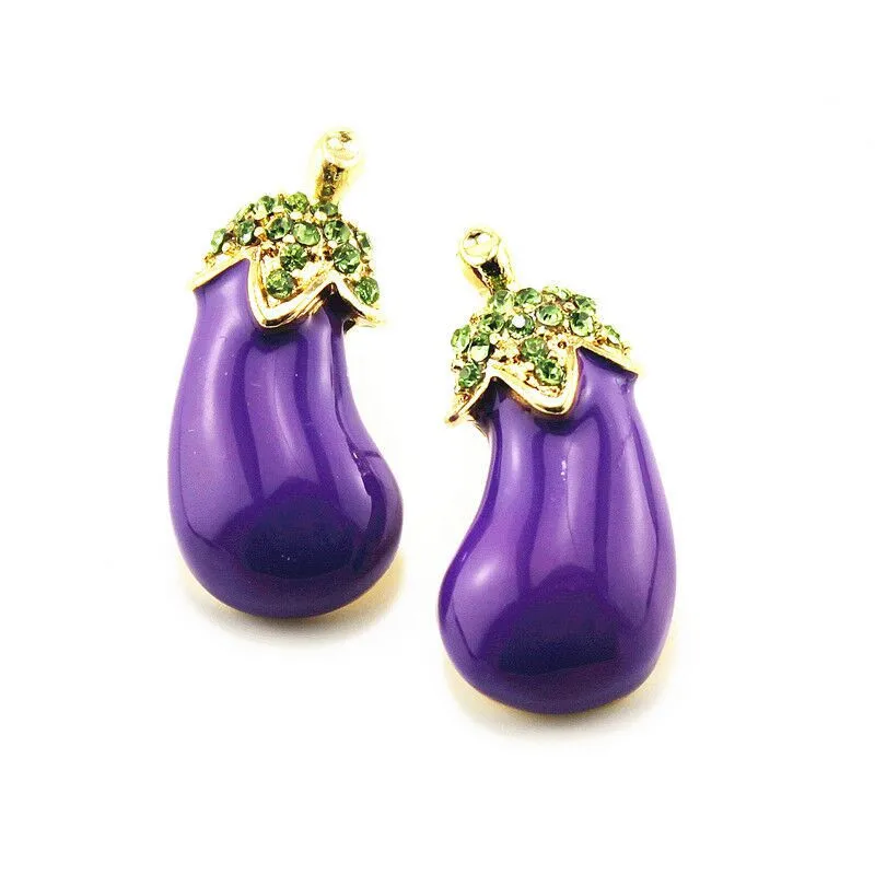 Fashion Jewelry Purple Eggplant Earring Gold Color Alloy Metal Vegetable Stud Earrings Women