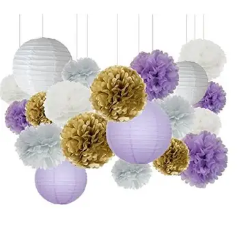 

20pcs White Purple Gold Grey Tissue Paper Pom Pom Paper Lanterns Mixed Package for Purple Themed Party, Purple Bridal Shower