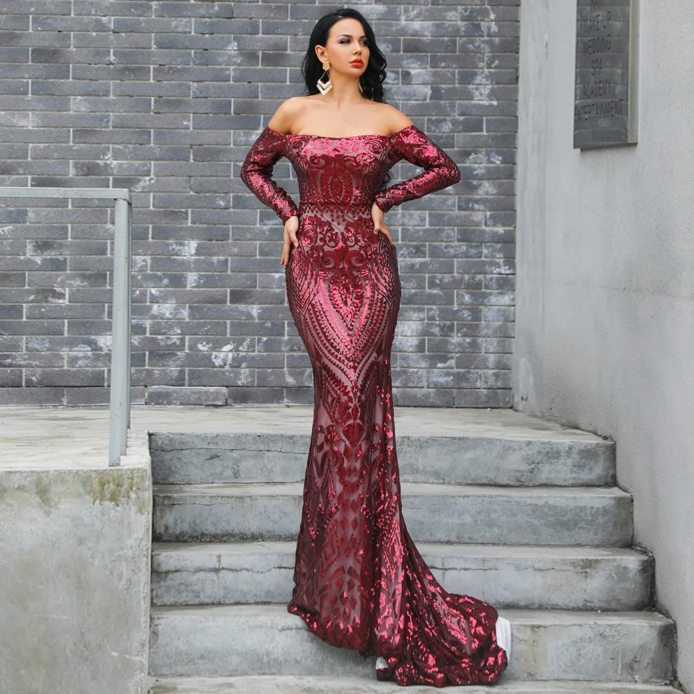 

2019 Ceremonial dress spring and summer new word collar long sleeve elegant dress female sequins high waist mopping dress