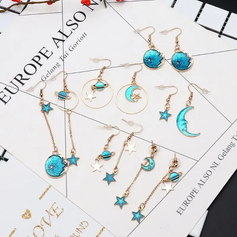 

Blue Planet Moon Star Mismatch Long Chain Drop Earrings Women Fashion Jewelry