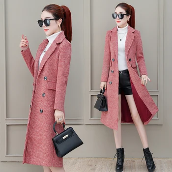 

2020 Women New Autumn And Winter Woolen Coat Long Section Slim Plaid Woolen Jacket Lapel Double-Breasted Warm Woolen Coat LA214