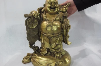 

15 China Buddhism Brass Copper Stand Wealth Happy Laugh Maitreya Buddha Statue