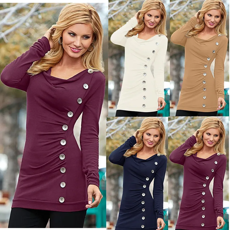 

Oufisun Spring Autumn O-neck Solid Women's T-shirt 2019 New Casual Long Sleeve Bodycon Tops Tee Button Fashion Elegant T Shirts