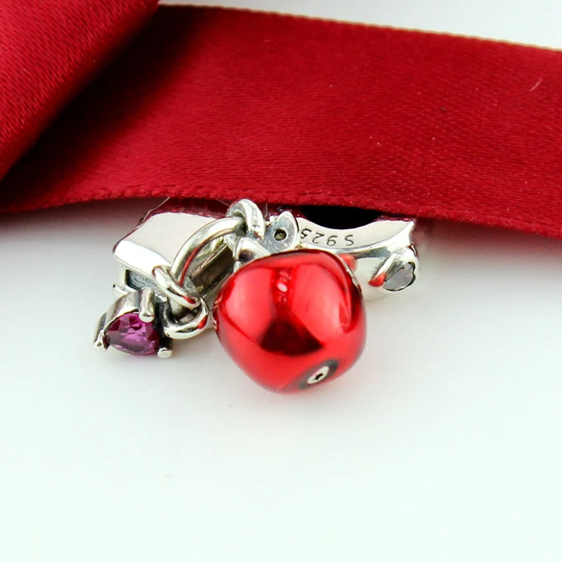 

ROCKART Pure 925 Sterling Silver Apple & Heart Dangle Charm Red & Green CZ & Red Enamel Fits Original Bracelets