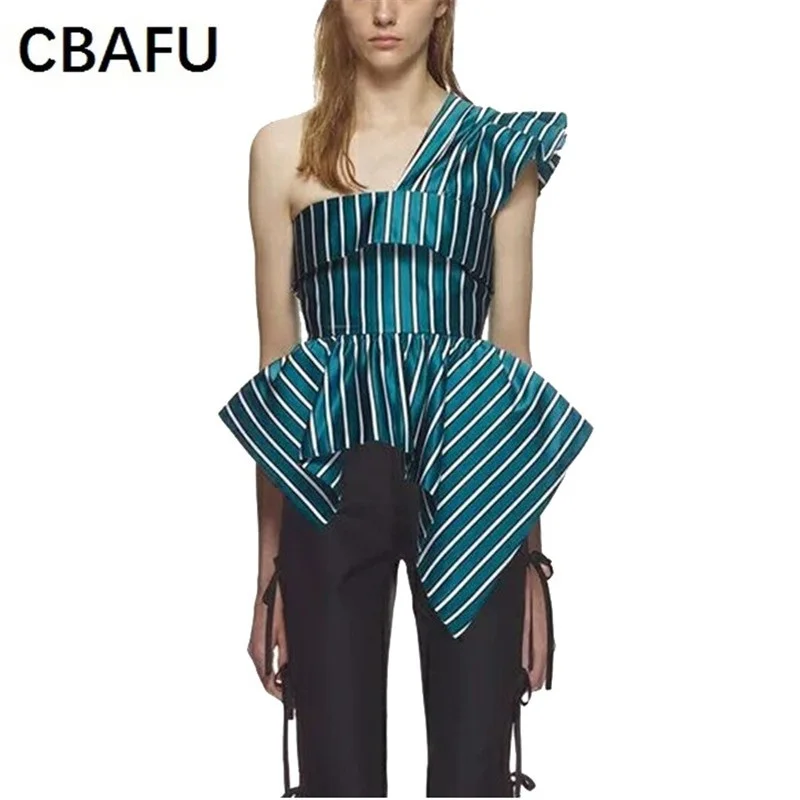 

CBAFU summer skew collar striped blouse women fashion asymmetric sexy women top self portrait blousr shirts chic runway topsD044