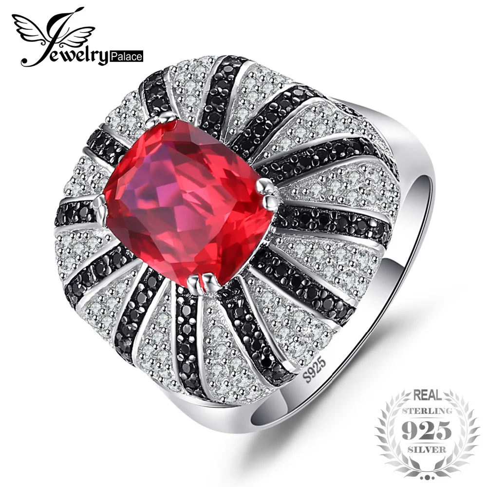 

JewelryPalace Luxury 3.9ct Red Created Rubies Natural Black Cocktail Ring Solid 925 Sterling Silver 2017 Gift For Women Jewelry