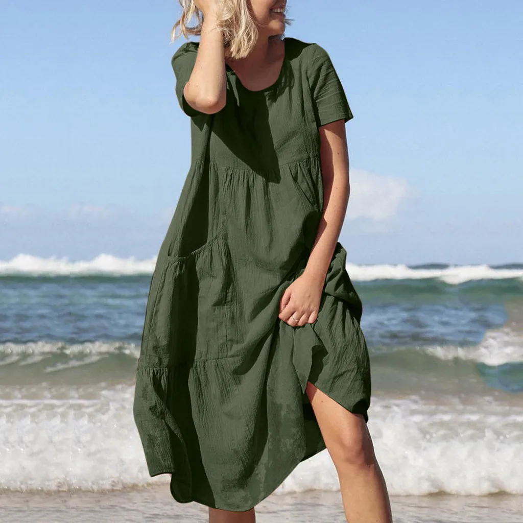 Feitong летнее повседневное женское пляжное свободное платье макси однотонное Повседневное платье с круглым вырезом и короткими рукавами и карманами из хлопка и льна Vestido#1966