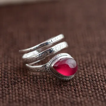 

S925 sterling silver inlaid red corundum ring Thai silver antique craft