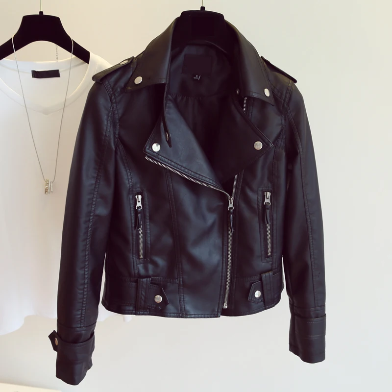 Female 2018 New Design Spring Autumn PU Leather Jacket Faux Soft Leather Coat Slim Black Rivet Zipper Motorcycle Pink Jackets