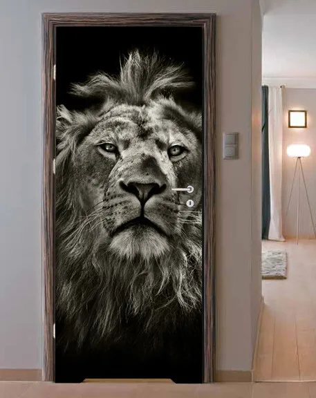 

3D Door Sticker Black And White Lion HeadWall Sticker DIY Door Cover Kitchen Home Decoration Accessories Modern 3d Wall Stickers