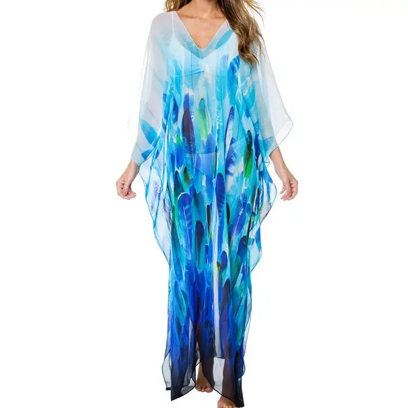 

Women's Summer Bohemian V Neck Leaf Printed Long Sleeve Beach Casual Long Maxi Dresses