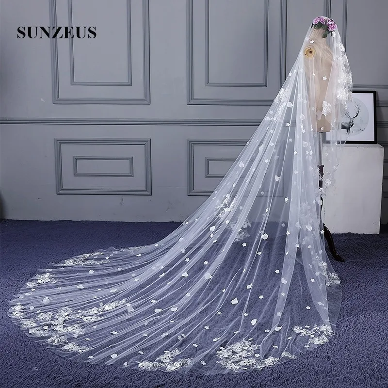 Роскошная свадебная вуаль длиной 3 метра, ширина 4 метра, свадебная вуаль с кружевной аппликацией и цветами SBV24
