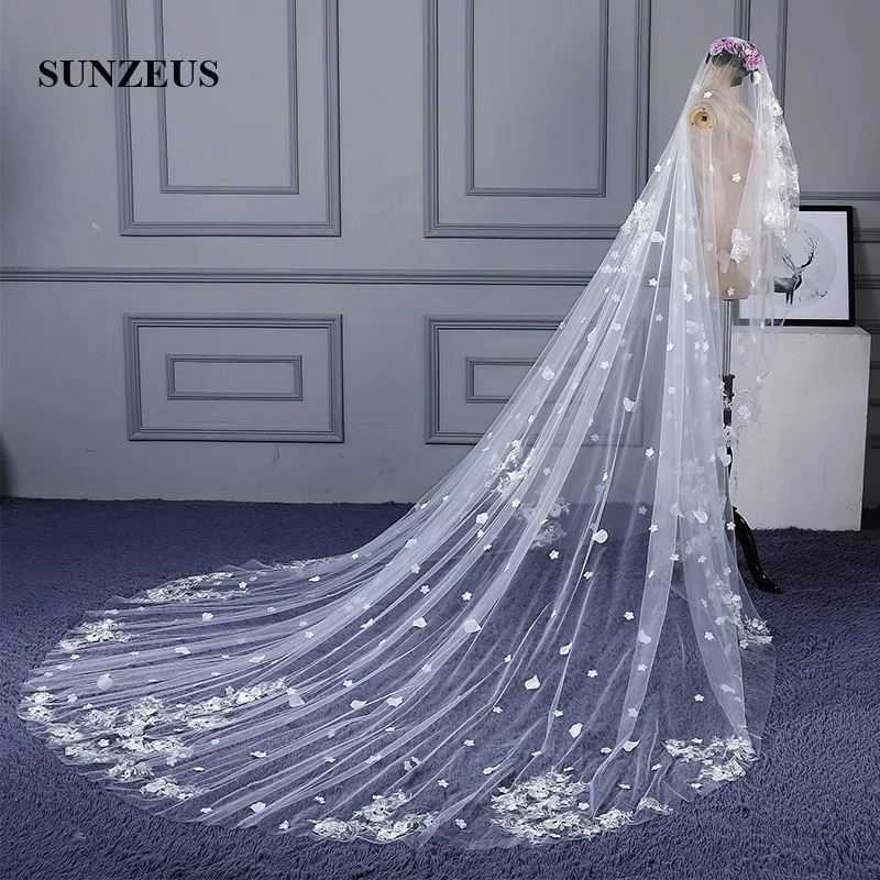 3 Meters Width 4 Meters Long Luxurious Wedding Veils Long Church Bridal Veil with Lace Appliques and Flowers SBV24