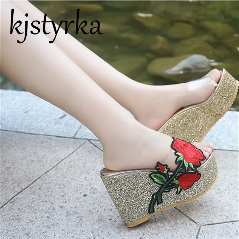 Kjstyrka/модные женские шлепанцы на танкетке и высоком каблуке прозрачные с