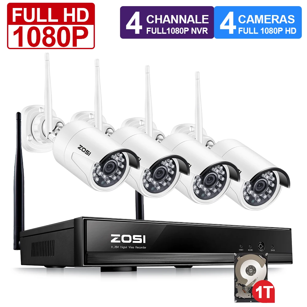 ZOSI 1080 P Беспроводная система видеонаблюдения 2MP 4CH мощный NVR IP IR-CUT Пуля CCTV камера Wi-Fi ip-система безопасности комплекты видеонаблюдения