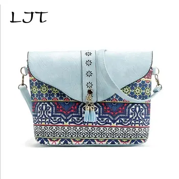 

LJT 2019 Lady Print Bag Sweet Lady Geometric Pattern Shoulder Messenger Bag Tassel Retro Handbags National Crossbody Bag Clutch