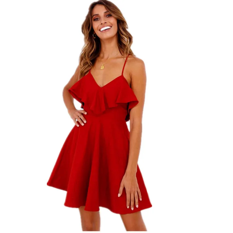 

Summer Sexy Dress Women's 2019 Backless Cross Drawstring Ruffles Bundle Waist V-neck Strap Mini Dress Summer Red Vintage