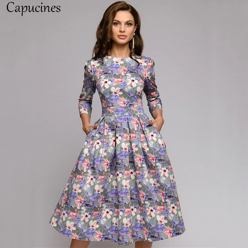 

Capucines 2019 new spring summer woman retro elegant flower print dress round neck 3/4 cuff pocket A word casual party dress