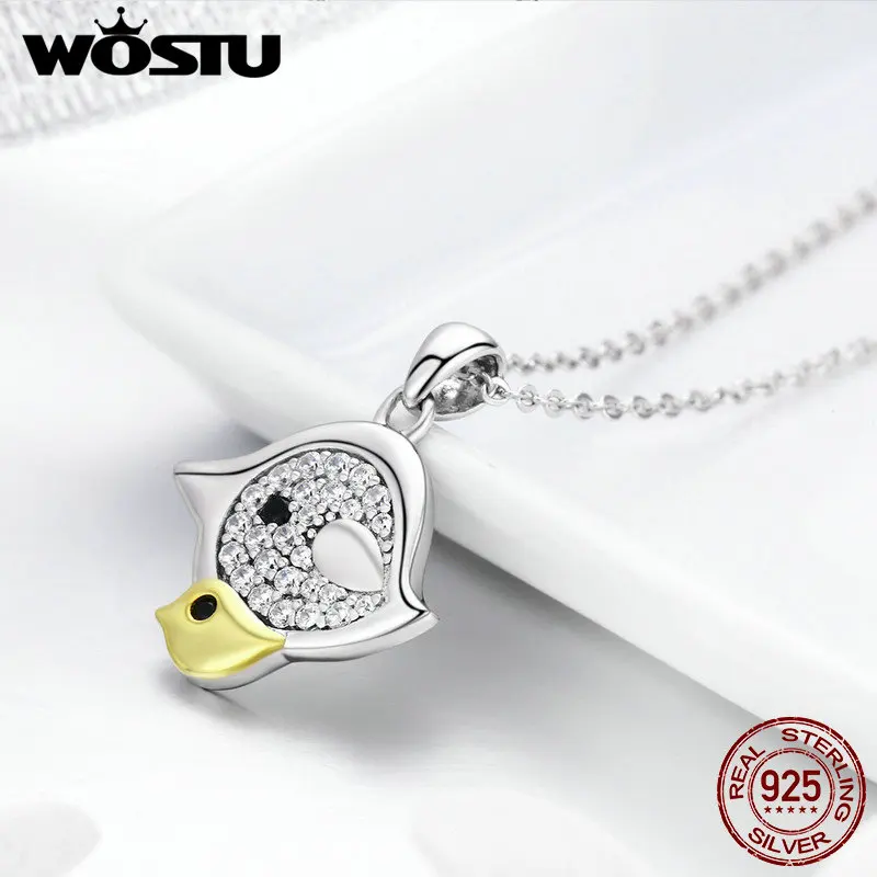 

WOSTU Authentic 100% 925 Sterling Silver Mother & Baby Bird Clear CZ Chain Link Pendant Necklace Female Fashion Jewelry BKN208