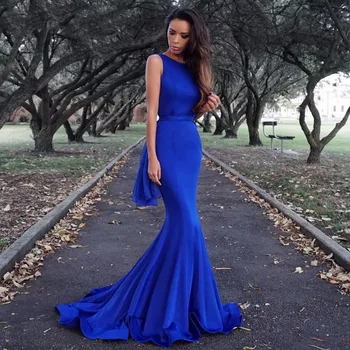 

Royal Blue Evning Gowns O Neck Backless Mermaid Formal Prom Dress for Graduation Long Cheap Robe De Soiree