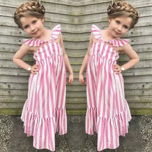 

New Kids Baby Girl Princess Ruffle Striped Sleeveless Dress Outfits Casual Clothes Sundress