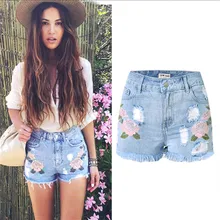 Европейский стиль Для женщин Джинсовая шорты с вышивкой с завышенной талией и цветком для малышей джинсовые шорты женские потертые шорты из джинсовой ткани для сезон: весна–лето