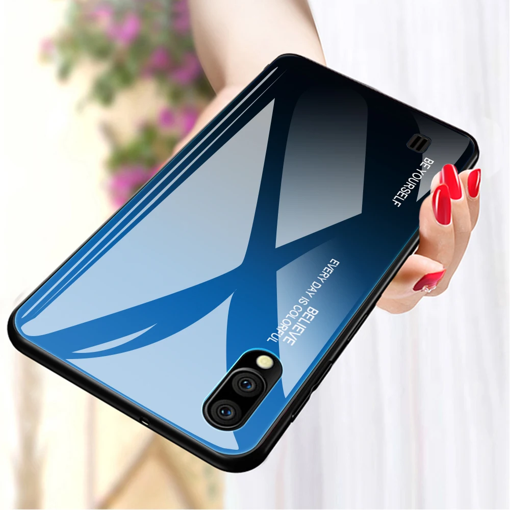 

For Samsung Galaxy A30 A50 Case Luxury Gradient Color Cases Hard Tempered Glass Cover For Samsung M20 M10 A30 Soft Edge Shell