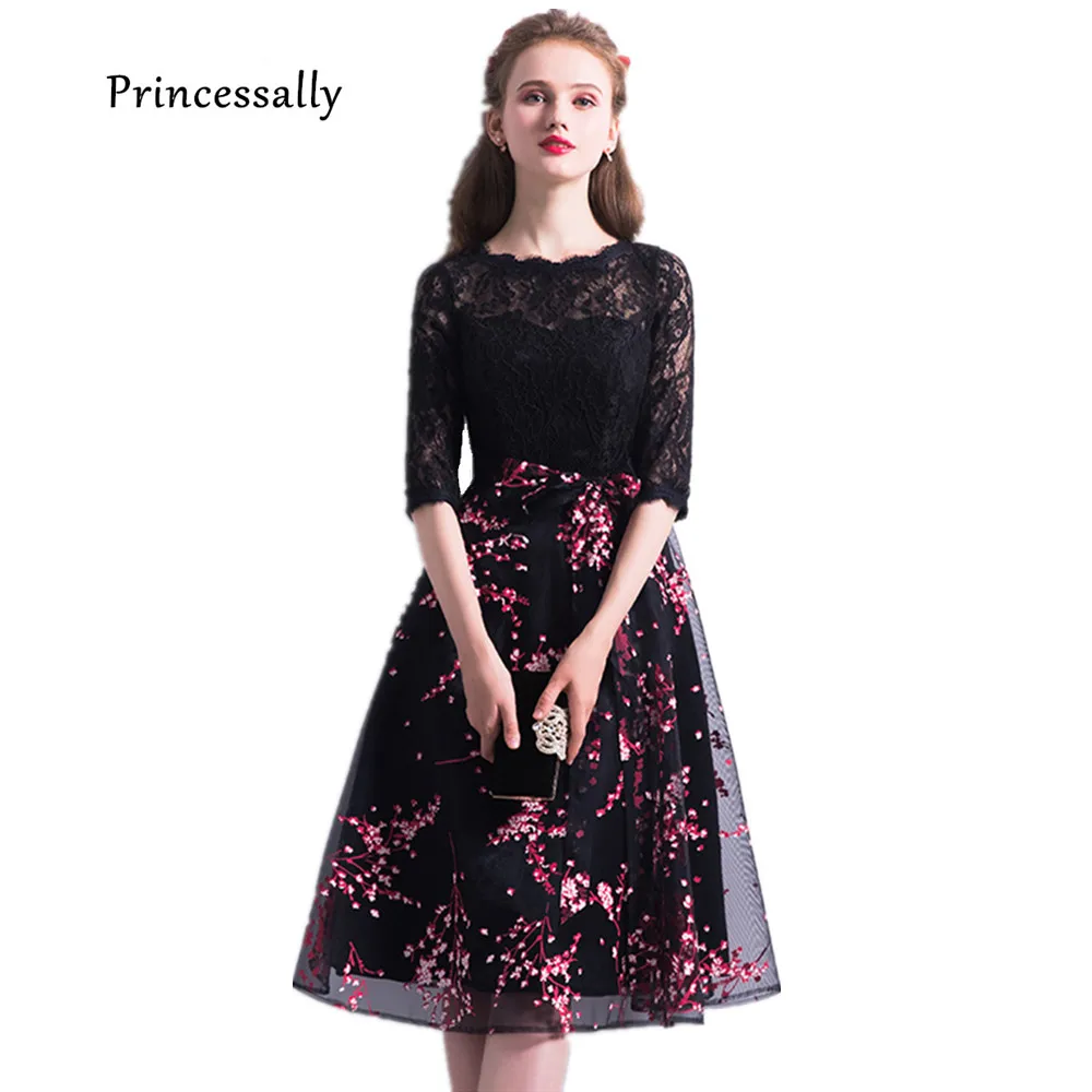 

Robe De Soriee New Lace Evening Dress Black Half Sleeve Floral Print Simple Vintage Formal Graduation Evening Prom Party Gown