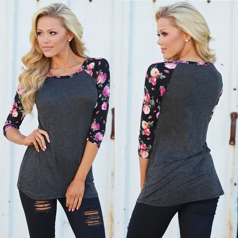 

Fashion Womens 3/4 Sleeve Shirt Casual Floral Loose Cotton Tops T Shirt