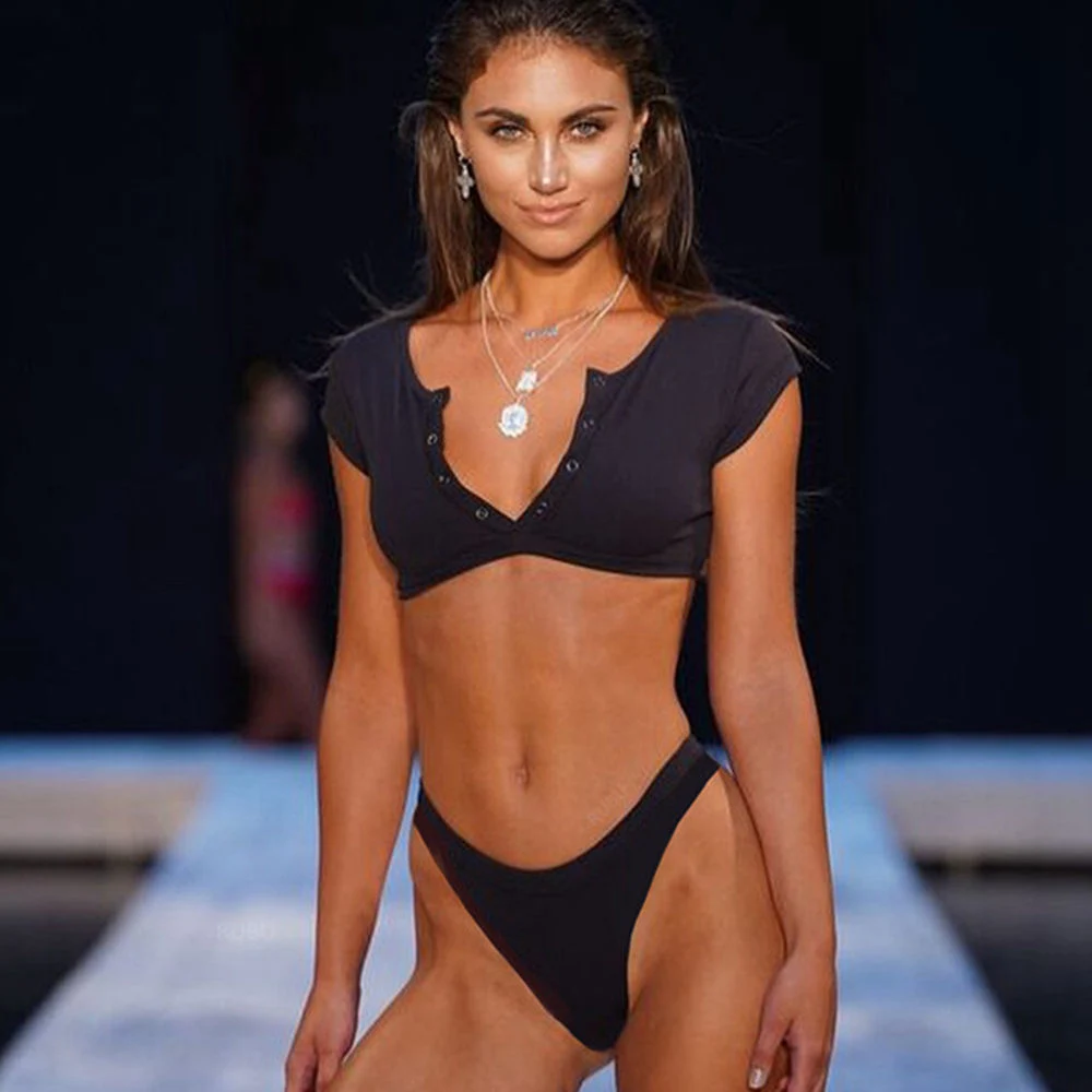 

High waisted bikini push up ribbed swimsuit women swimwear sport high leg swimsuit female button bikini high cut swimsuits