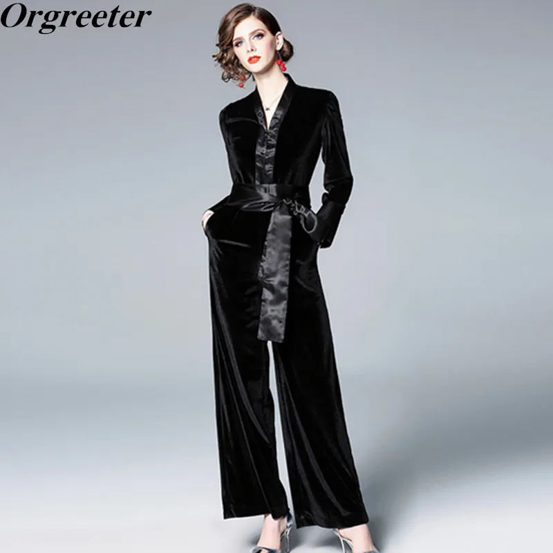 

Women's Romper Sexy Deep V Long Sleeve High Waist Bandage Velvet Jumpsuits 2019 Spring Runway Fashion Tide Wide Leg Overalls