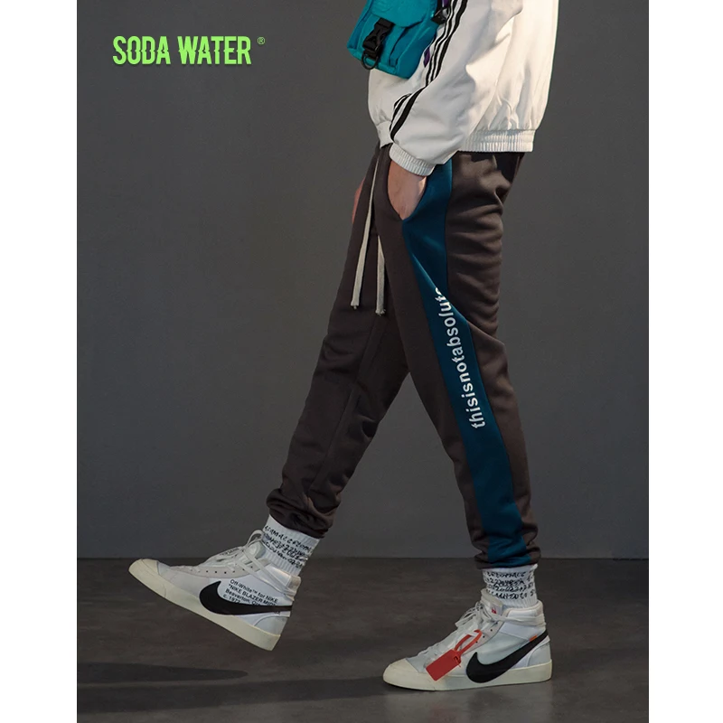 SODA WATER Streetwear men's elastic waist track pants jogger trousers casual side stripe letter pants loose sweatpants 8838W