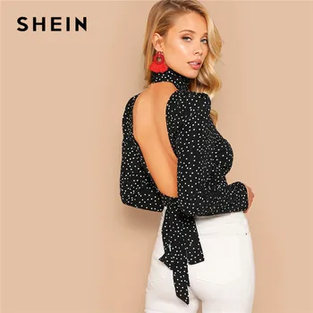 

SHEIN Sexy Bow Knot Open Back Polka Dot Print Crop Blouse Women Spring High Neck Backless Short Bloues Ladies Tops