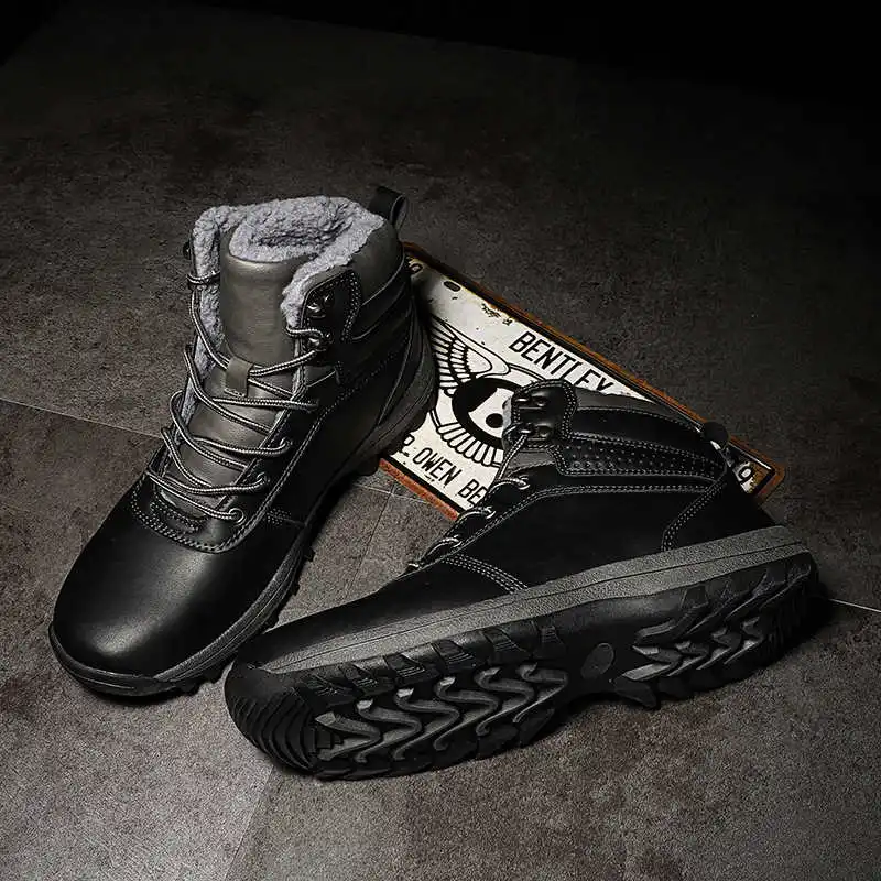 Обувь из натуральной кожи мужские ботинки на меху, зимние теплые ботинки на шнуровке на плоской подошве, большие размеры рабочие ботинки для улицы противоскользящие ботинки - Цвет: black