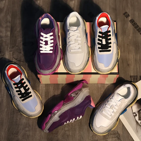 

Woman Casual Shoes Funky Heel Ladies Tennis Sport Shoes Thick Heel Women Lace-up Sneakers Mixed Color Patchwork Genuine Leather