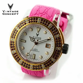 

Vintage Concept Fashion Automatic Women Watch Transparent Case Watch 50m Water Resistant Inlaid Crystal Bezel Lady Wristwatch