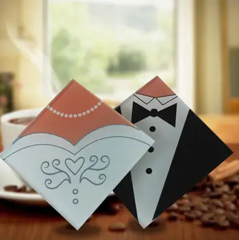 

Wholesale Creative Wedding Gifts Bride And Groom Dress Glass Coasters Wedding Favors 200pcs=100pairs, federal Free Shipping