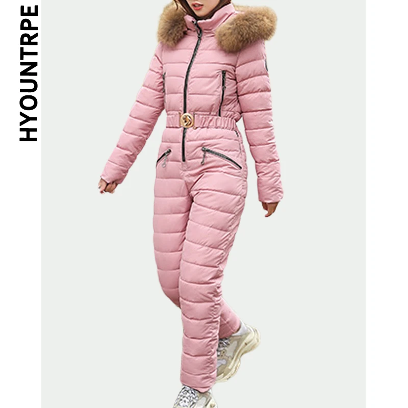 Элегантный женский лыжный костюм на каждый день на молнии, теплая хлопковая стеганая куртка с капюшоном, пальто, однотонный цельный комбинезон, зимние спортивные костюмы - Цвет: Розовый