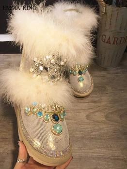 

Hot Botas Mujer Invierno Rhinestone Gem Fur thicken Wool Warm Snow Boots Winter Handmade Round Toe Flats Shoes Woman Botas Mujer
