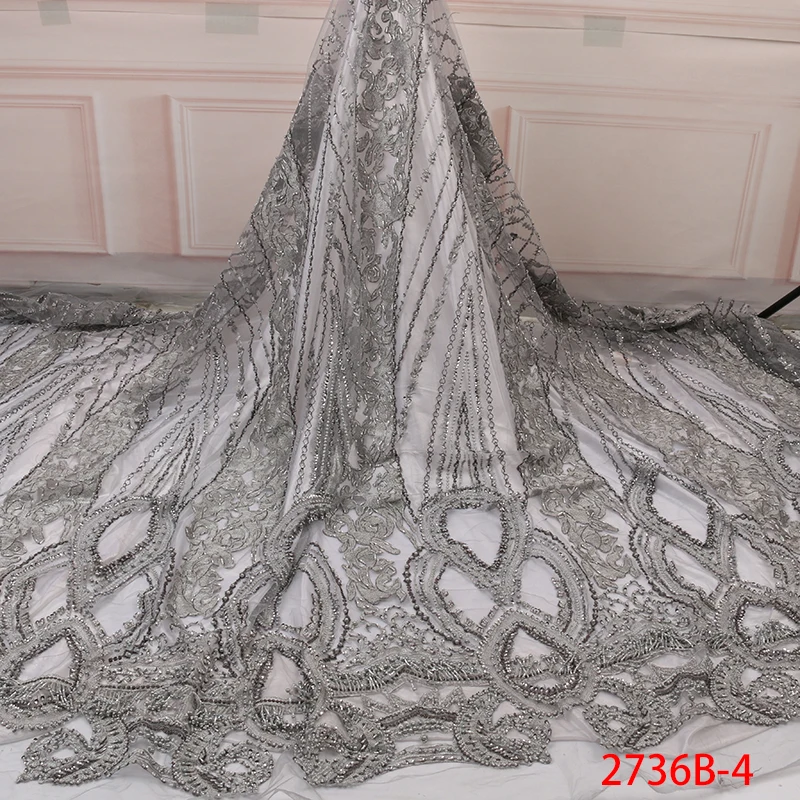 Sliver Grey Heavy Lace Dress, Newest Fabric Handmade Lace Bridal Fabric, French Lace Nigeria Beaded Fabric Mr2736b