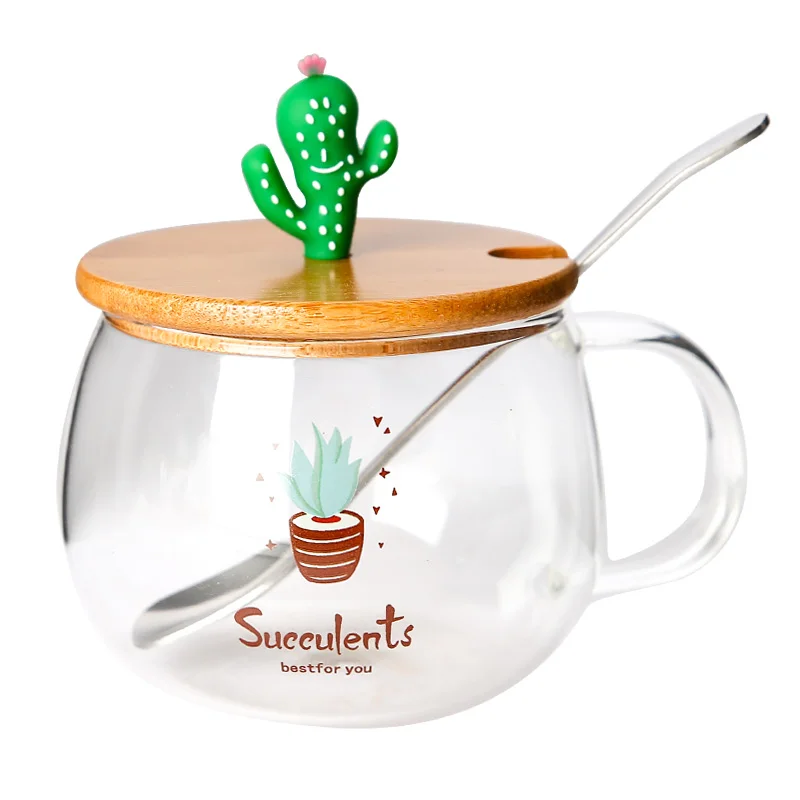 

New!!! Heat-resistant glass mug Cactus Glass Cup with lid spoon Office Coffee mug Creative home tea Cup breakfast milk cup