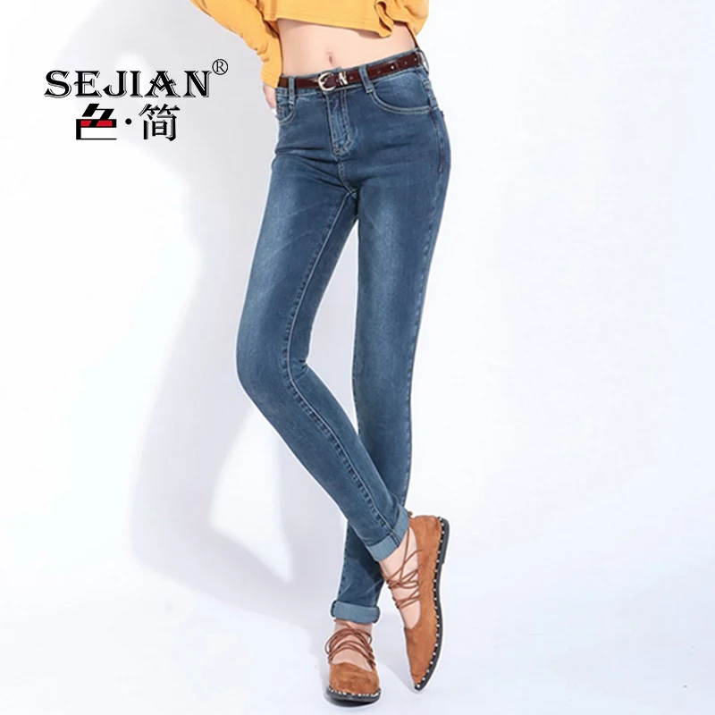 

SEJIAN 2017 New Women's Jeans Blue Cotton Skinny Pencil Pants Mid Waist Bleached Ankle-Length Pants Ladies Jeans 1020