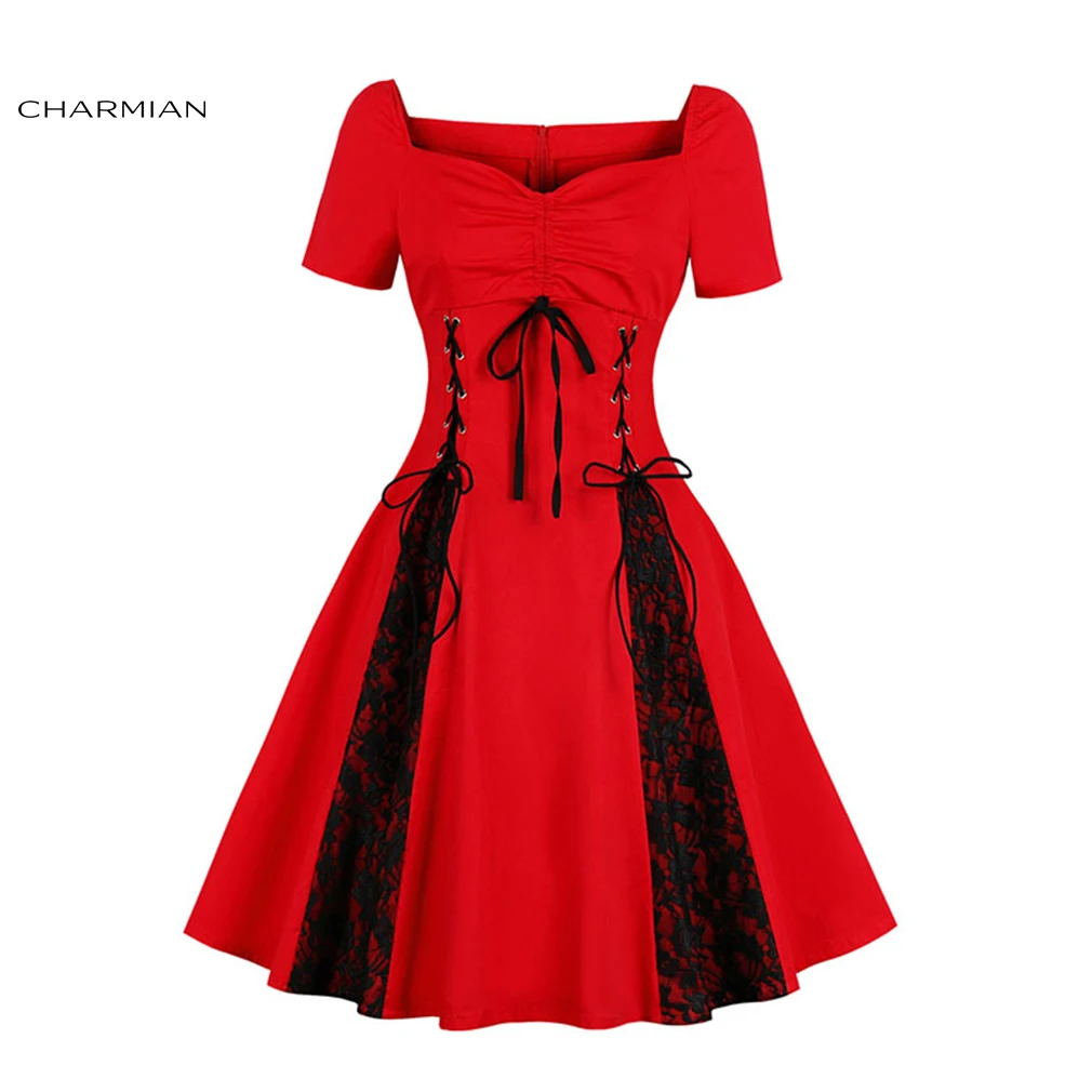 

Charmian Women's Vintage Midi Dress Black Lace Lace-up Red Christmas Dress Lolita High Waist Sweetheart A line Dress Vestidos
