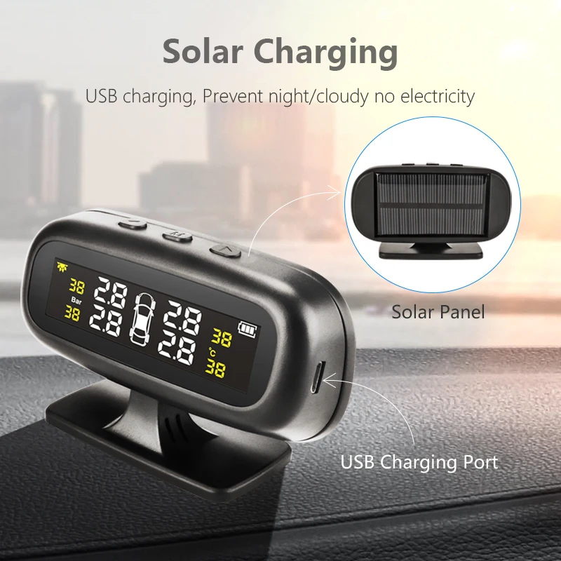Original Solar TPMS Car Tire Pressure Alarm Monitor System Display Intelligent Temperature Warning Fuel Save with 4 Sensors tpms